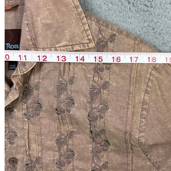 Roar Buckle Men's Button Up Shirt Embroidered Raw Hem Design Garment Dyed Size S - Picture 6 of 12